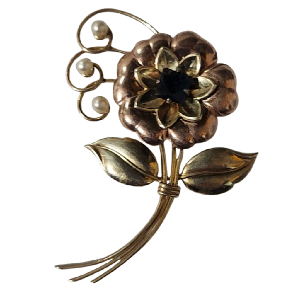 Antique 1940s Harry Iskin 1/20 Gold Filled Faux Pearl Large Flower Pin Brooch
